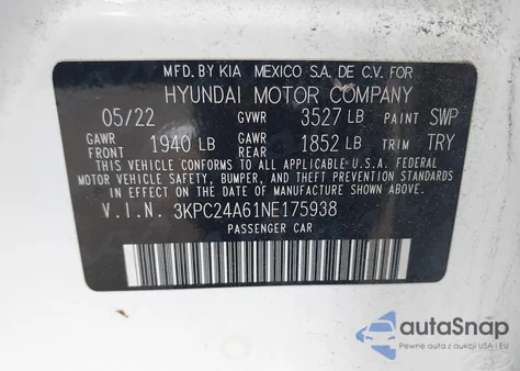 2022 Hyundai Accent Sel z USA, uszkodzony, nr VIN 3KPC24A61NE175938